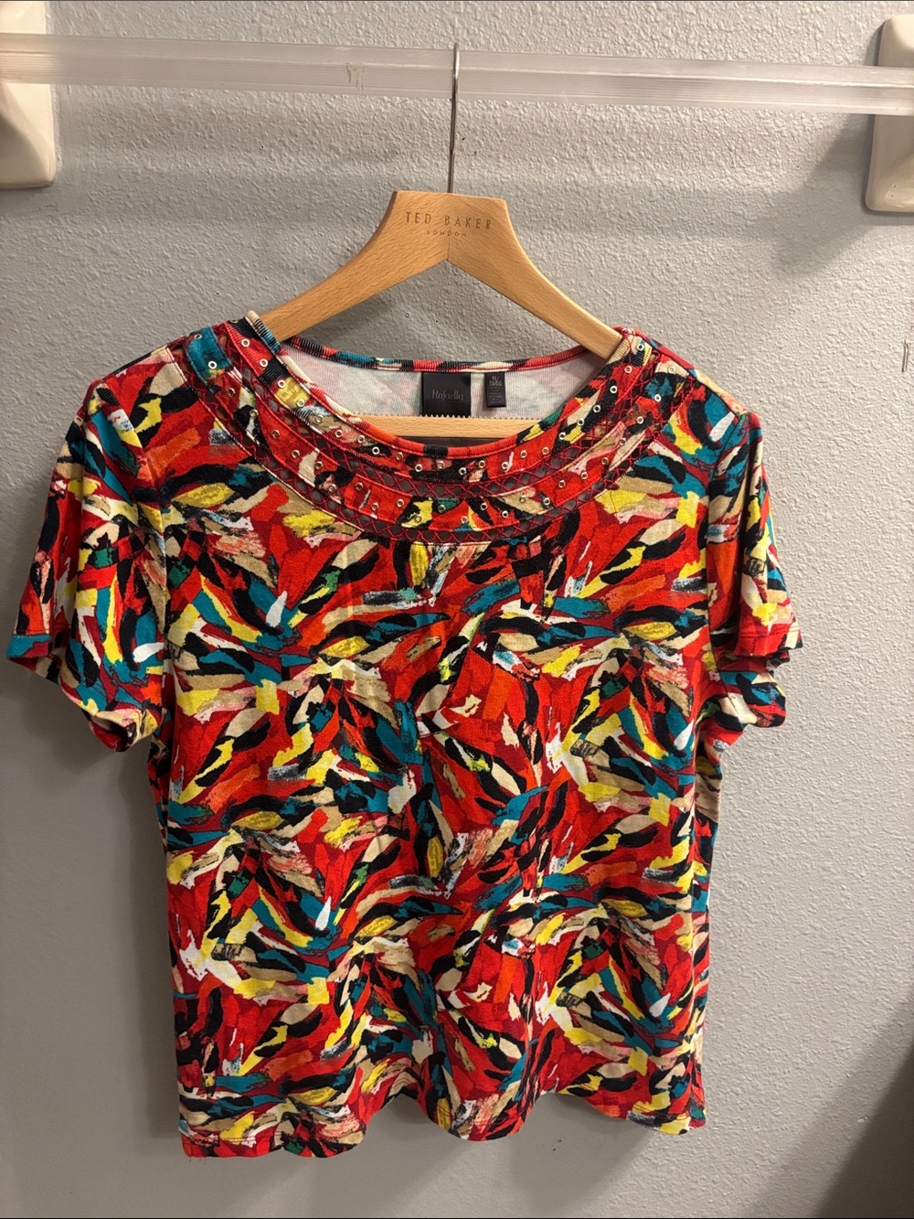 Rafaella Red Multicolor Short Sleeve Embellished Neck Tee